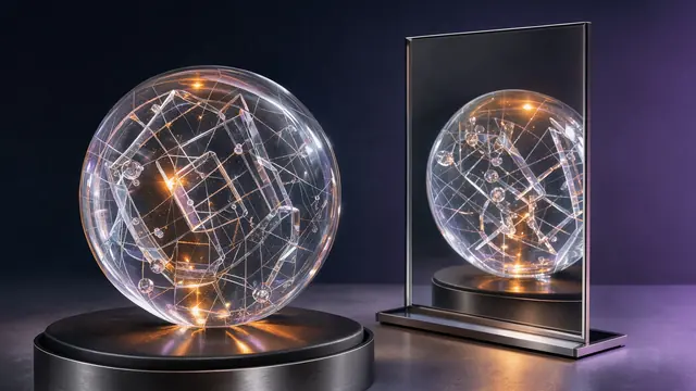 A translucent glass sphere facing a mirror under an amber beam revealing its internal structure.