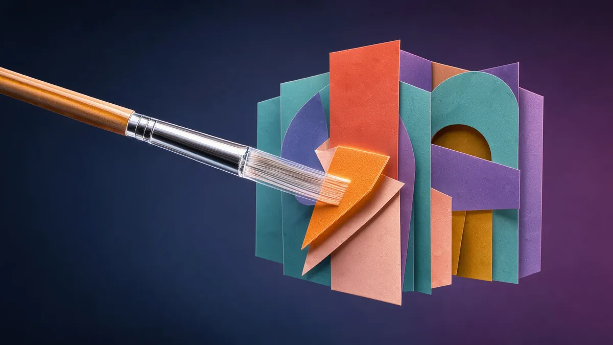 A glowing glass brush precisely retouches a single geometric shape within a colorful layered paper collage.