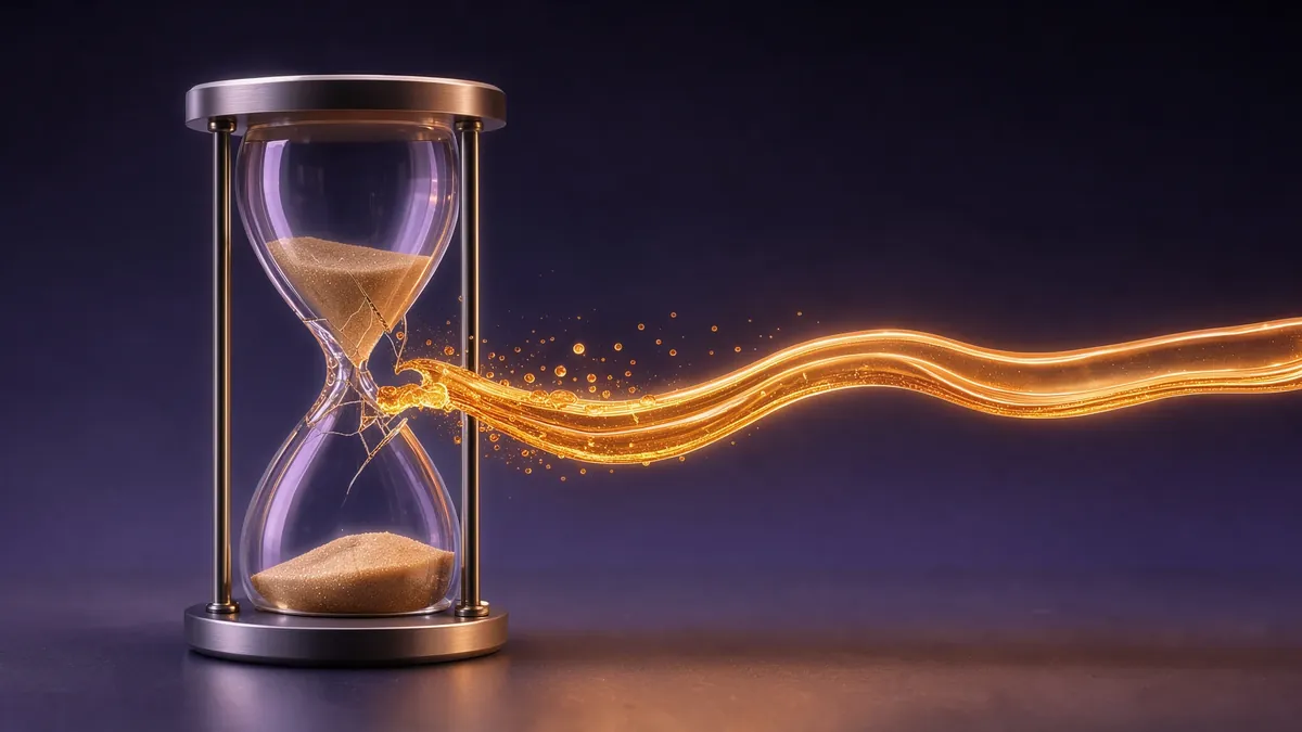 A frosted glass hourglass opens, releasing a smooth, continuous stream of golden light against a minimal background.