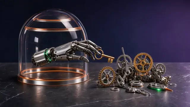 A glass dome reinforced with metal rings, from which a mechanical hand reaches out with a key toward intricate gears.