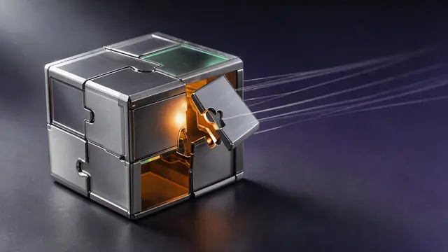 A modular metallic cube slightly open, revealing a hidden glowing keyhole.