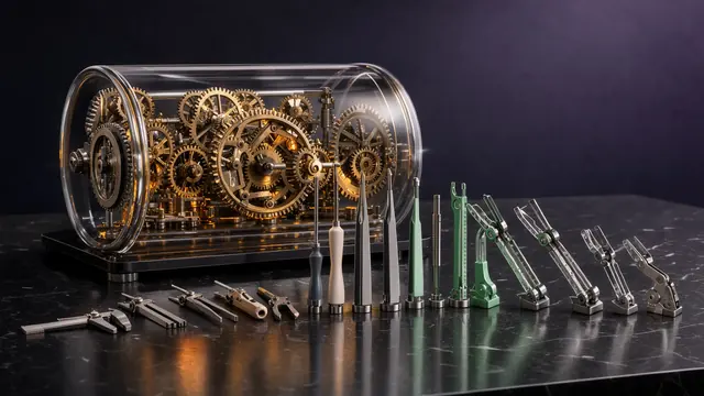 A mechanical glass and brass cylinder triggering a cascade of miniature tools on a dark surface.