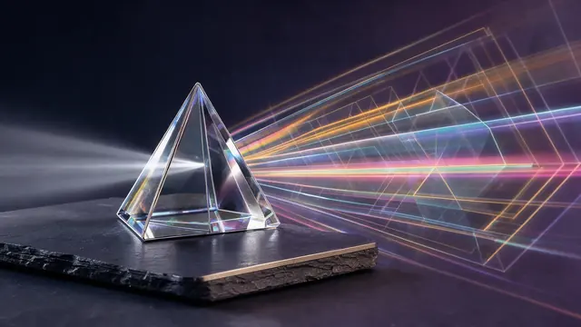 A small crystal prism projecting an ultra-sharp, luminous geometric canvas from a sleek slate block.