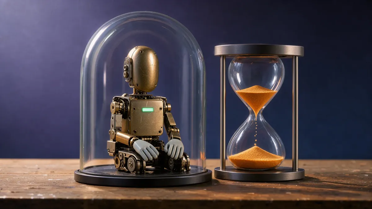 A small mechanical automaton resting under a glass cloche beside an almost empty hourglass in dim twilight light.