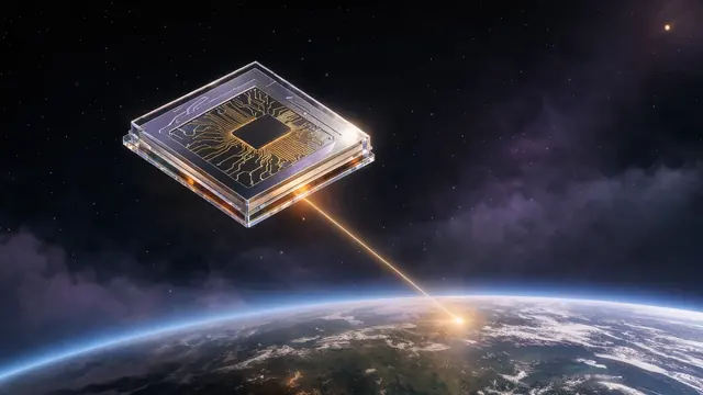 地球の軌道上に浮かぶ微小な半導体チップが、青い地球へ向けて細い光の筋を放っている様子。