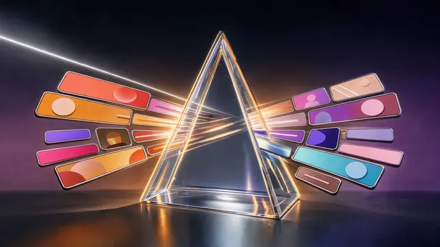 A glowing glass prism projecting a series of geometric frames with coordinated color palettes.