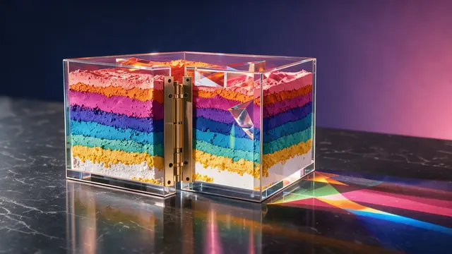 An open glass cube revealing vibrant pigment powders and prisms casting structured geometric shadows.