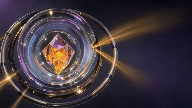 Concentric glass spheres encasing a glowing crystal, with a thin escaping light beam intercepted by focused golden rays.