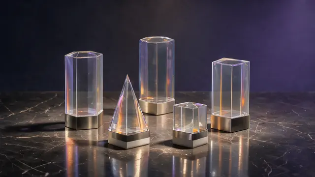 Five frosted glass geometric pillars arranged in a circle on polished stone under a soft overhead light.